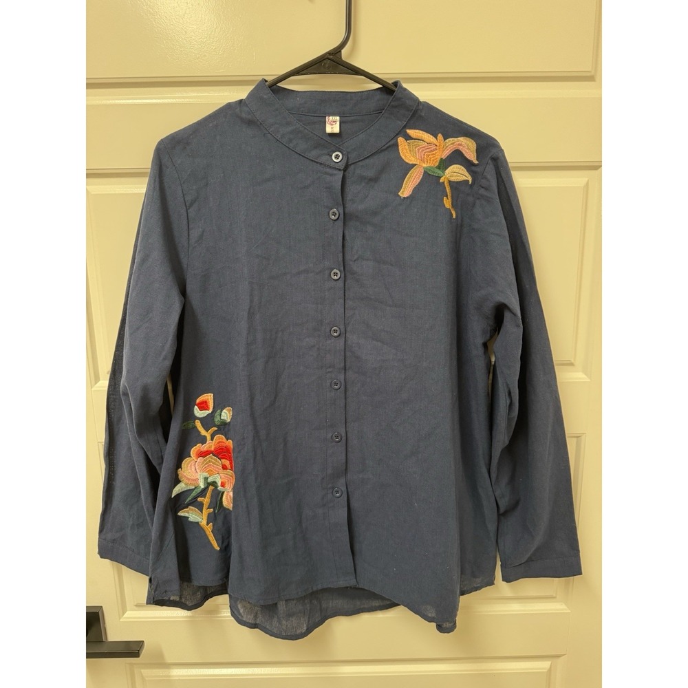 Mumianxiu Navy Blue Embroidered Button Front Blouse Long Sleeve XXL XL A9
